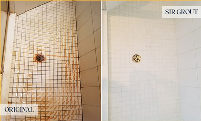 Picture of White Tile Shower with Heavy Rust Stains