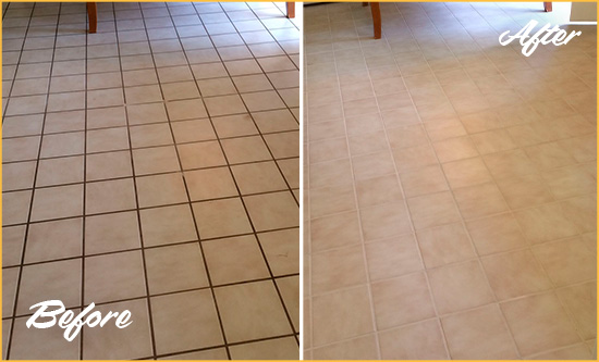 Before and After Picture of a Tile Floor Regrouted to Eliminate Dirt Build-Up