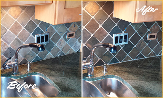 Picture of a Slate Backsplash with Damaged Caulking Before and After a Caulking Service