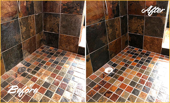 Before and After Picture of a Slate Shower Cleaned and Sealed