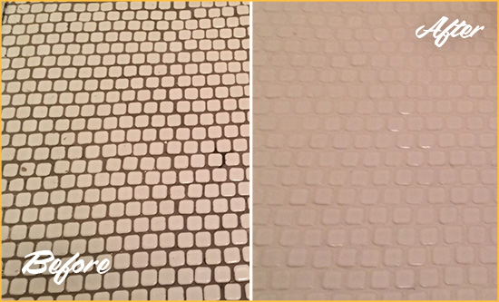 Before and After Picture of a White Mosaic Tile Recolored Grout