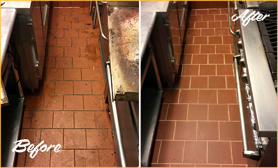 Before and After Picture of a Kips Bay Restaurant Kitchen Tile and Grout Cleaned to Eliminate Dirt and Grease Build-Up