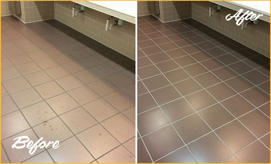 Before and After Picture of a Garment District Restrooms Tile and Grout Cleaned to Remove Embedded Dirt