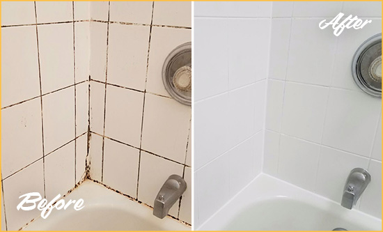 Before and After Picture of a Inwood Shower Tile and Grout Cleaned to Eliminate Mold