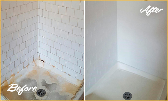 Before and After Picture of a Flower District Shower Tile and Grout Cleaned to Remove Soap Scum