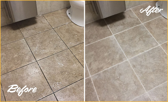 Before and After Picture of a Hell's Kitchen Restroom Tile and Grout Cleaned to Remove Soil