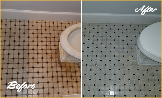 Before and After Picture of a Flower District Bathroom Tile and Grout Cleaned to Remove Stains