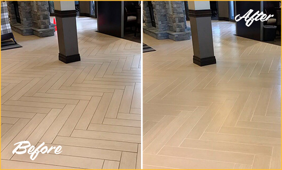 Before and After Picture of a Theater District Office Floor Tile and Grout Cleaned to Remove Stains