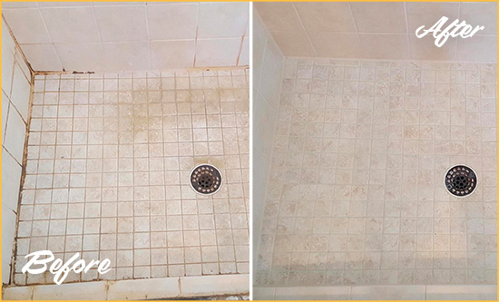 Before and After Picture of a East Village Shower Caulked to Fix Cracks