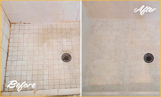Before and After Picture of a Rockefeller Center Shower Caulked to Fix Cracks