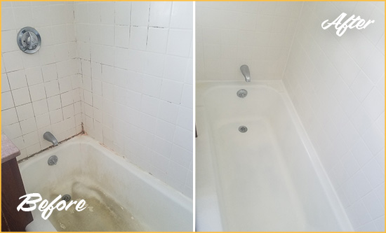 Before and After Picture of a Rockefeller Center Bathtub Caulked to Repair Cracks