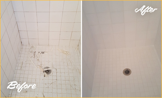 Before and After Picture of a Turtle Bay Bathroom Re-Caulked To Repair Damaged Caulking