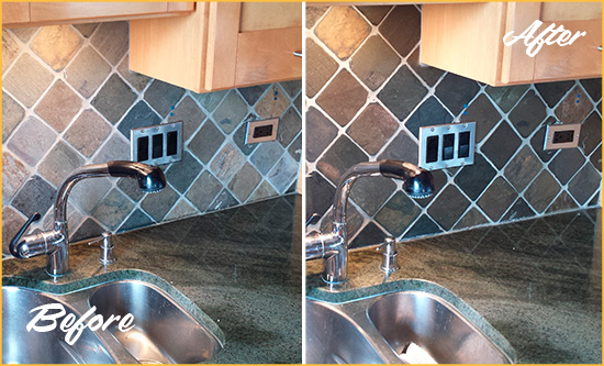 Before and After Picture of a Meatpacking District Backsplash Caulked to Fix and Prevent Water Leaks