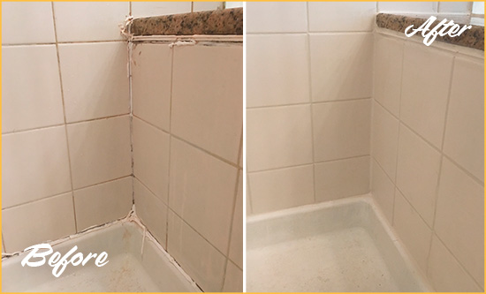 Before and After Picture of a Harlem Shower Caulked to Repair Damaged Caulking