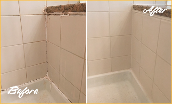 Before and After Picture of a Le Petit Senegal Shower Caulked to Repair Damaged Caulking