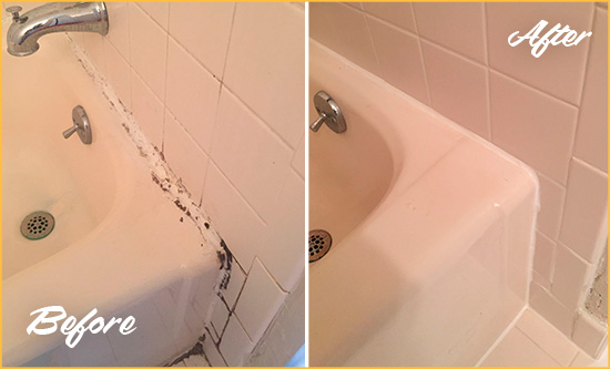 Before and After Picture of a Rockefeller Center Bathroom Sink Caulked to Fix a DIY Proyect Gone Wrong