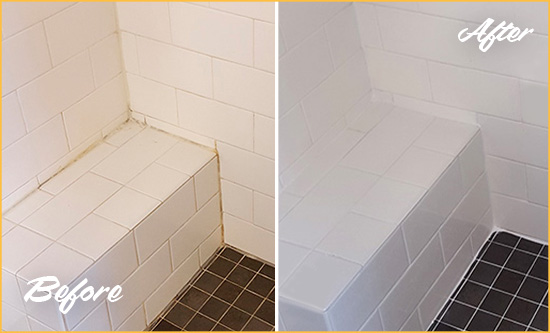 Before and After Picture of a Marble Hill Shower Seat Caulked to Protect Against Mold and Mildew Growth