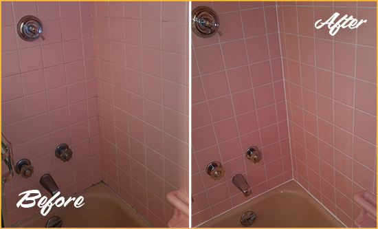 Before and After Picture of a Hudson Heights Bathtub Caulked to Eliminate Mold