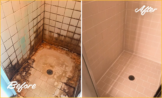 Before and After Picture of a Flower District Shower Caulked to Fix and Prevent Water Damage