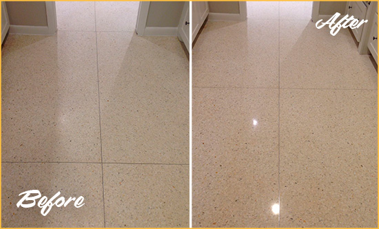 Before and After Picture of a Sutton Place Granite Stone Floor Polished to Repair Dullness