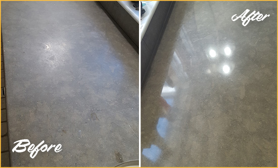 Before and After Picture of a Dull Yorkville Limestone Countertop Polished to Recover Its Color