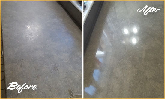 Before and After Picture of a Dull Rockefeller Center Limestone Countertop Polished to Recover Its Color