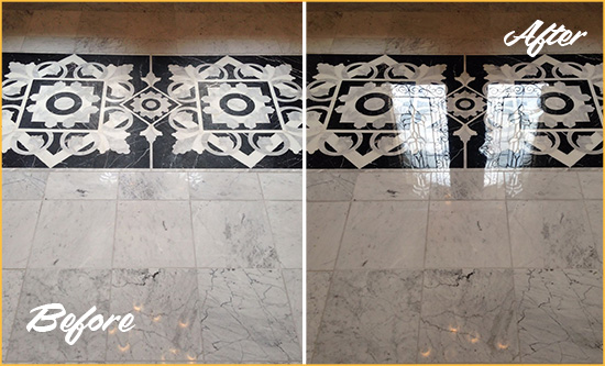 Before and After Picture of a Rockefeller Center Marble Stone Floor Polished to a Mirror Shine