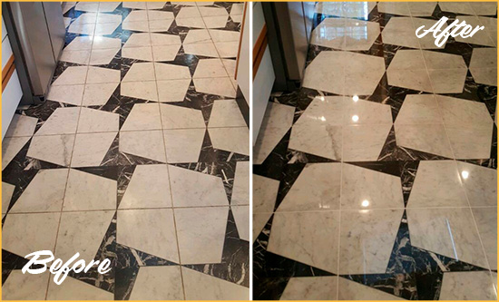 Before and After Picture of a Dull Stuyvesant Town Marble Stone Floor Polished To Recover Its Luster