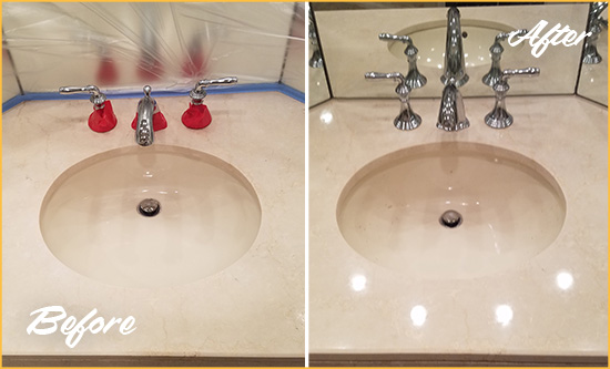 Before and After Picture of a Dull Soho Marble Stone Vanity Top Polished to Bring-Back Its Sheen