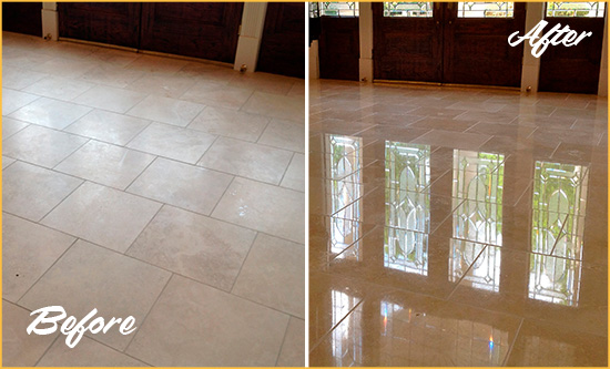 Before and After Picture of a Dull Rose Hill Travertine Stone Floor Polished to Recover Its Gloss
