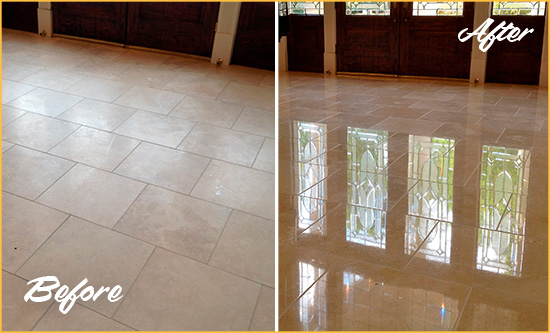 Before and After Picture of a Dull Rockefeller Center Travertine Stone Floor Polished to Recover Its Gloss