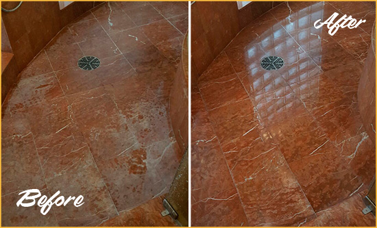 Before and After Picture of a Chelsea Marble Stone Shower Polished to Eliminate Mineral Deposits