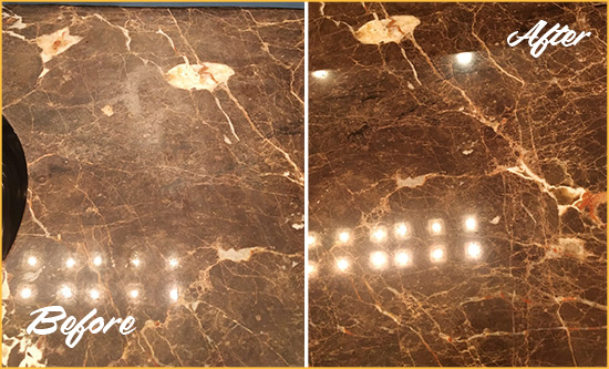 Before and After Picture of a Fort George Marble Stone Countertop Polished to Eliminate Stains