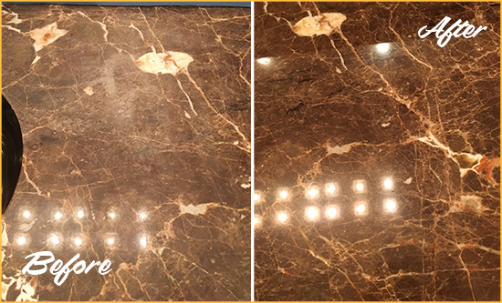 Before and After Picture of a Soho Marble Stone Countertop Polished to Eliminate Stains