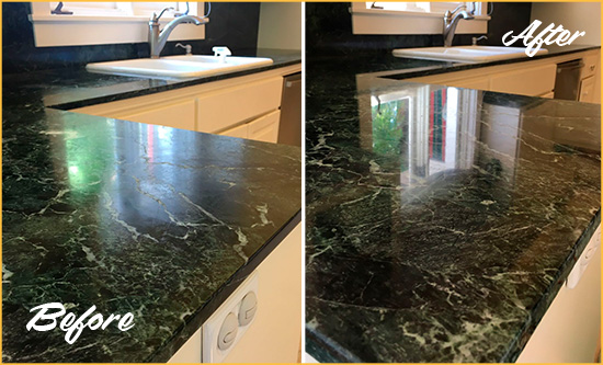 Before and After Picture of a Manhattan Valley Marble Stone Counter Polished to Eliminate Water Marks