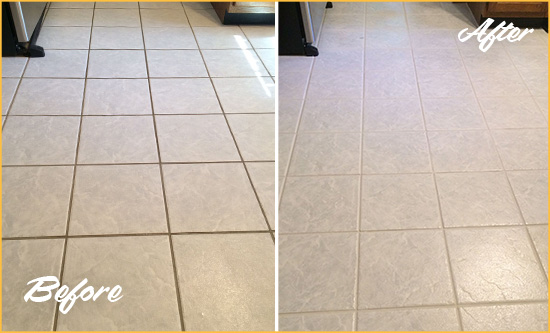 Before and After Picture of a Sutton Place Kitchen Ceramic Floor Sealed to Protect From Dirt and Spills