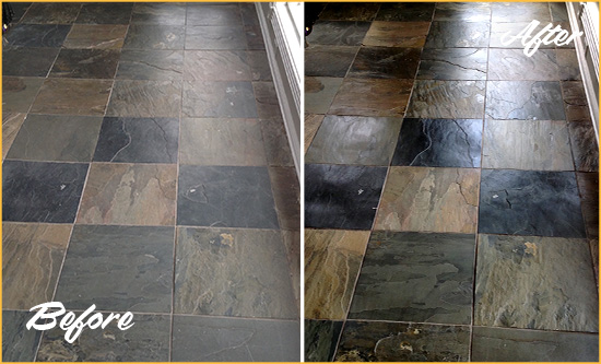 Before and After Picture of a Dull Turtle Bay Slate Floor Sealed to Bring Back Its Colors