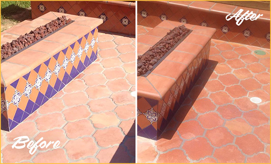 Before and After Picture of a Dull Marble Hill Terracotta Patio Floor Sealed For UV Protection