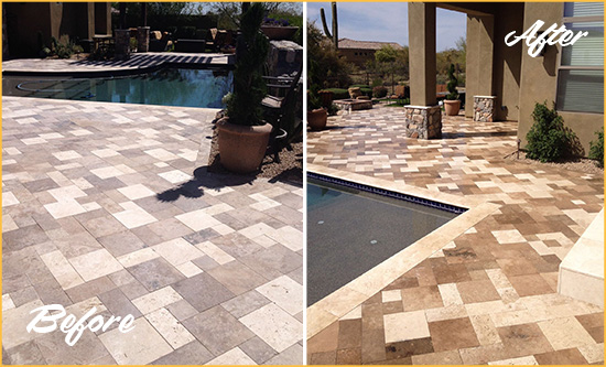 Before and After Picture of a Faded Waterside Plaza Travertine Pool Deck Sealed For Extra Protection