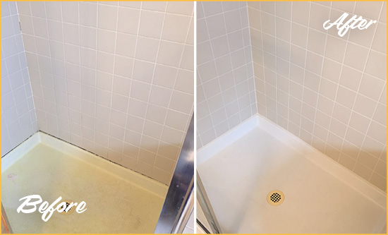 Before and After Picture of a Hell's Kitchen Shower Sealed to Remove and Protect Against Mold