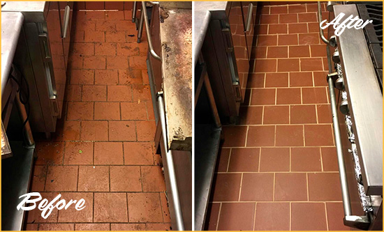 Before and After Picture of a Flatiron District Restaurant Kitchen Floor Sealed to Remove Soil