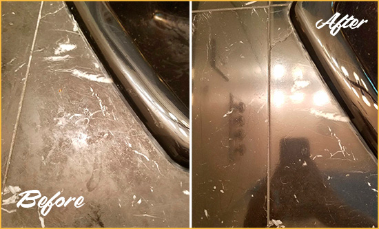 Before and After Picture of a Turtle Bay Marble Countertop Cleaned to Remove Deep Dirt