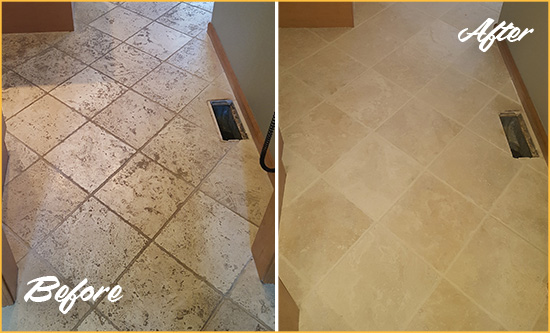 Before and After Picture of a Diamond District Kitchen Marble Floor Cleaned to Remove Embedded Dirt