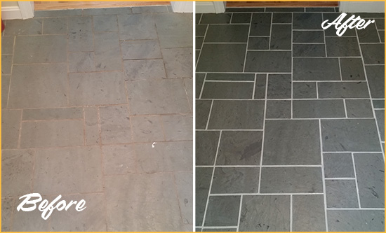 Before and After Picture of a Inwood Slate Floor Cleaned to Remove Deep-Seated Dirt