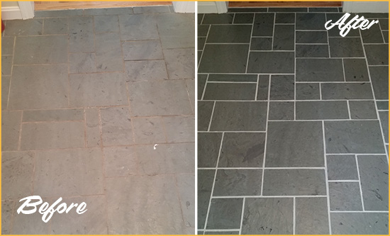 Before and After Picture of a Flatiron District Slate Floor Cleaned to Remove Deep-Seated Dirt