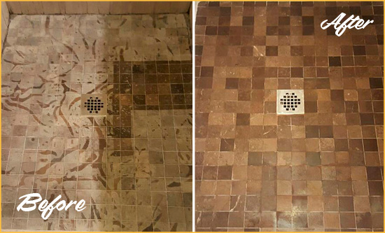 Before and After Picture of a Stained West Harlem Marble Shower Floor Cleaned to Remove Etching