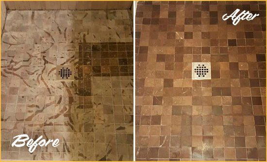 Before and After Picture of a Stained Tenderloin Marble Shower Floor Cleaned to Remove Etching