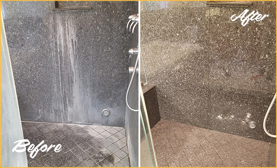 Before and After Picture of a Hell's Kitchen Granite Shower Cleaned to Remove Mineral Deposits