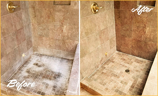 Before and After Picture of a Sugar Hill Travertine Shower Cleaned to Eliminate Water Spots