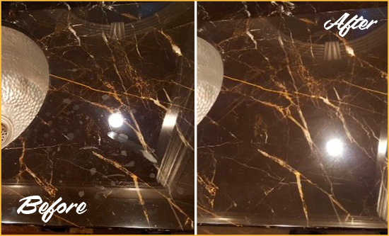 Before and After Picture of a Koreatown Marble Countertop Cleaned to Remove Water Spots